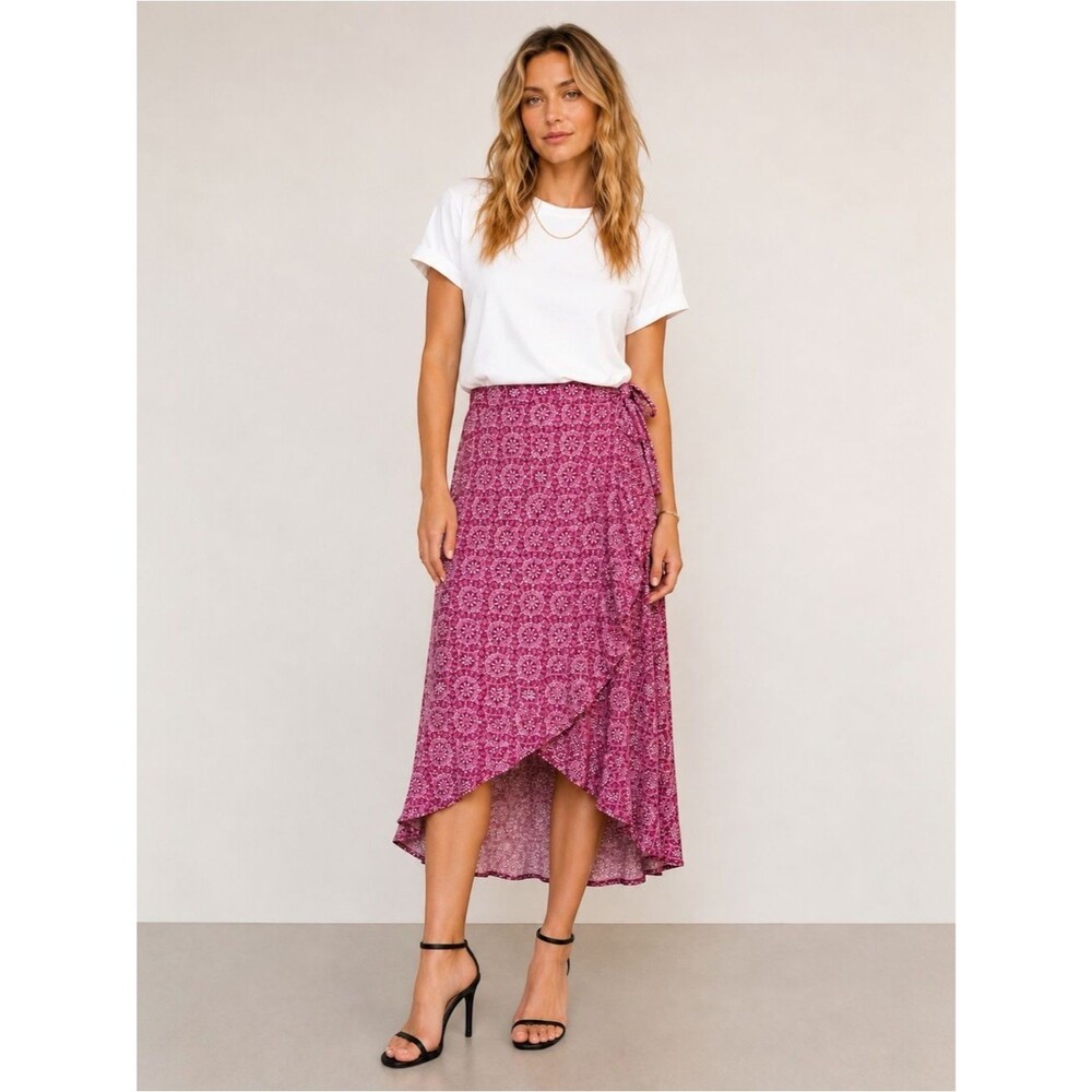 Loveappella Wrap Maxi Skirt Side Tie Pull On Hi Low Medallion Pink White Medium